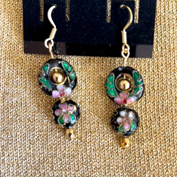 Cloisonné drop earrings. Black, gold, green, pink. - Picture 2 of 5